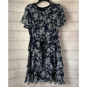 Jessica Howard Navy and Cream Floral Tiered Dress Flutter Sleeves Tie Belt Sz 10
